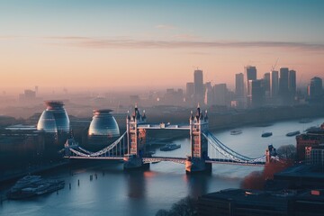 Poster - London city skyline at sunset with Tower Bridge and Thames river, UK, Photo of London skyline at sunrise, AI Generated