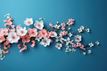 Canvas Print - cherry blossom flower on blue background with copy space for text, Pink and white flowers on a blue background, AI Generated