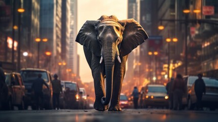 Wall Mural - An elephant walking down a city street at dusk, AI