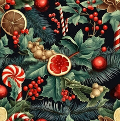 Poster - christmas background with holly and berries