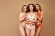 © Velista production - Feminine beauty. Group of three beautiful caucasian women with different body types and skin color standing in embrace in studio. Young ladies wearing lingerie posing over beige background.