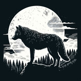 Fototapeta Pokój dzieciecy - Black alpha male lone wolf with full moon silhouette. Wild animal at night graphic design illustration. Line art style wolves vector set