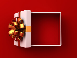 Wall Mural - Blank gold ribbon bow gift box open or top view of white present box tied with golden bow isolated on dark red background with shadow minimal conceptual 3D rendering