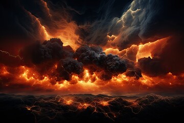 Wall Mural - an orange-yellow-gray sky with clouds, lightning, thunder, and a terrifying storm.by generative ai