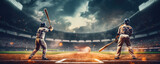 Fototapeta  - baseball player in action, at night stadium with spotlights. abse ball motion banner.