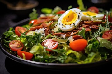 Wall Mural - Healthy delicious vegetable salad on dark background.