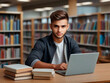 © ismael - Handsome young man studying at the library and using a laptop.IA generativa