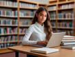 © ismael - Serious young female student sitting at the table with laptop in library.IA generativa