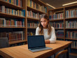 © ismael - Portrait of a young female student sitting at a table in a library and using a laptop.IA generativa