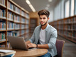 © ismael - Portrait of a handsome young man sitting at a table in a library and using a laptop.IA generativa
