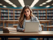 © ismael - Portrait of a beautiful young female student sitting in a library and using a laptop.IA generativa