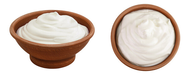 sour cream or yogurt in ceramic bowl isolated on white background with full depth of field