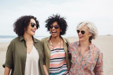 Wall Mural - Portrait of three middle aged female friends walking on the sea shore laughing. Diverse mature women strolling along a beach on vacation