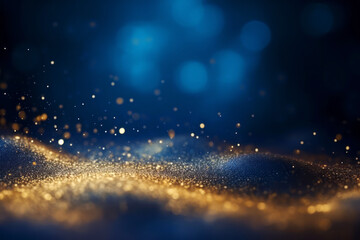 Wall Mural - golden abstract bokeh, waves and particles on blue background. celebrating christmas, new year or ot