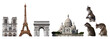 Set of landmarks and symbols of Paris, France isolated on transparent white. Eiffel Tower, Notre-Dame, Arc de Triomphe, Sacre Coeur and Gargoyles Chimera statues
