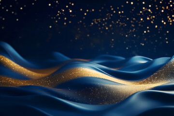 Wall Mural - golden abstract bokeh, waves and particles on blue background. celebrating christmas, new year or ot