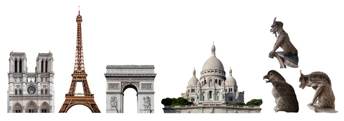 Wall Mural - Set of landmarks and symbols of Paris, France isolated on transparent white. Eiffel Tower, Notre-Dame, Arc de Triomphe, Sacre Coeur and Gargoyles Chimera statues