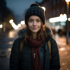 Wall Mural - portrait of young smiling woman on street with dark background, cold and detached atmosphere, rinpa school, goerz