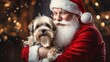 Santa claus hugging his dog and showing an ornament with lights, emotive faces, soft-focused realism, candid portraits