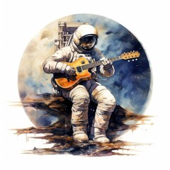 Wall Mural - watercolor astronaut playing guitar on a white background. Generative AI