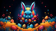 A mystical blue evil Easter bunny guarding a colourful array of enchanted eggs amidst a magical floral night scene.
