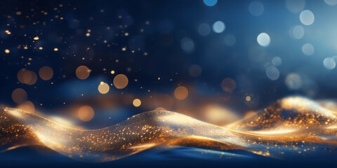 Wall Mural - golden abstract bokeh, waves and particles on blue background. celebrating christmas, new year or ot