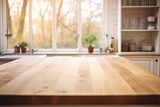Fototapeta  - Empty wooden table in kitchen, blurred background with window. Generative AI