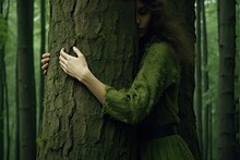 Young Woman Hugging Tree In Forest, Protecting Environment. Generative AI