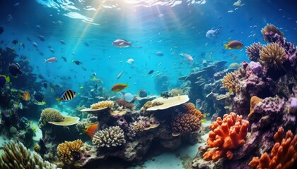 Wall Mural - Vibrant Coral Reef Life, Tropical Underwater Fishes in an Aquarium Oceanarium Panorama for Snorkel and Diving Enthusiasts