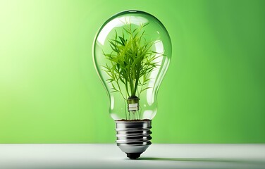 A light bulb with plants and leaves, symbolizing eco-friendliness and sustainability concept. Green innovative idea. Eco energy lightbulb symbol. Renewable clean energy.