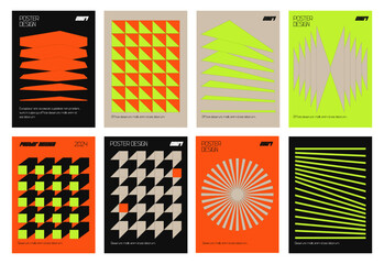 Postmodern Graphic Design Posters Set. Collection of Abstract Geometric Placards Vector Design. Swiss Design Retro Shape Textures.