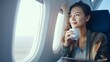 Happy asian female passenger drinking coffee and smiling looking at window view while female flight attendant serving lunch on board. Travel, service, transportation, airplane concept