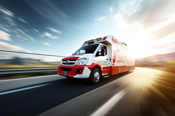 An ambulance racing down the highway. Image with motion blur to give a sense of high speed action and urgency. Great for stories about medical emergencies,  disasters, public health and more. 