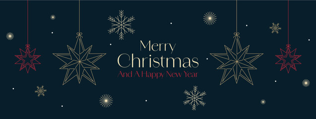 Wall Mural - christmas banner with star and snowflake decorations on dark blue background. merry christmas and ha