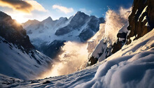 Avalanche De Neige Dans Les Montagnes. Paysage Hivernal.