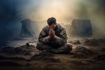 Wall Mural - Christian soldier praying on a battlefield