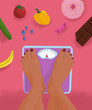 © fStop - POV legs of barefoot woman standing on weight scale surrounded by junk food and healthy food