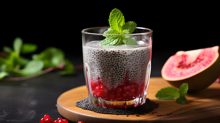 Delicious drink with chia seeds in a glass