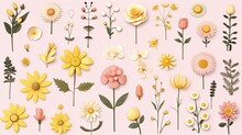 Collection Of Vintage Retro Cute Flowers On Pastel Background