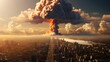 A mushroom cloud explosion in the sky in broad daylight over a city.