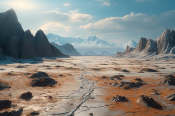 Wall Mural - Harsh landscapes, Including scorched deserts and snowy mountains, Representing the arduous journey.