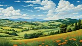 Ilustracja przedstawiająca zielone łąki i niebieskie niebo w stylu anime. 