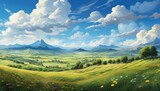 Ilustracja przedstawiająca zielone łąki i niebieskie niebo w stylu anime. 
