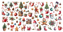 Set Of Christmas Watercolor Elements. Holidays Clipart For Christmas Card, Sticker And Print.