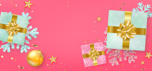 Wall Mural - merry christmas and happy new year card with gift boxes and golden christmas elements