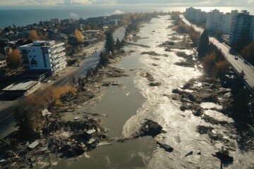 Hurricane destroys at city, Climate disasters, Drone view.