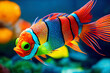 Bright orange beautiful fish swims underwater. Striped colorful realistic fish