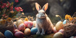 Easter bunny decorated eggs and cute rabbit in sunny spring meadow defocused abstract lights, Easter bunny in a field with easter eggs, Rabbit with colorful Easter eggs in the meadow. Generative AI

