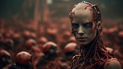 Wall Mural - A female cyborg with blood dripping down her face, AI