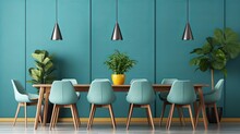 Stylish Modern Dining Room With Teal Chairs And Elegant Pendant Lighting In Blue Interior